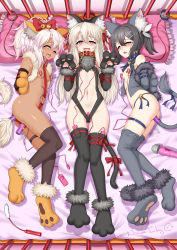 Rule 34 | 3girls, absurdres, anal, anal object insertion, anal tail, animal ear fluff, animal ears, animal hands, arms behind back, ass, bell, black hair, black legwear, blonde hair, blush, bow, breasts, butt plug, cat ears, cat paws, chain, chloe von einzbern, collar, commentary request, fake animal ears, fake tail, fate/kaleid liner prisma illya, fate (series), full body, fur trim, grey legwear, hair between eyes, hair bow, hair ornament, hairclip, highres, huoji (wonderturkey), illyasviel von einzbern, long hair, looking at viewer, lying, medium hair, miyu edelfelt, multiple girls, navel, neglect play, nipple stimulation, object insertion, official alternate costume, on back, on side, open mouth, pillow, purple collar, red bow, red collar, red eyes, restrained, sex toy, small breasts, tail, thighhighs, vibrator, vibrator on nipple, white hair