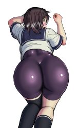 Rule 34 | 1girl, all fours, artist request, ass, bike shorts, black eyes, black hair, blush, from above, furutaka (kancolle), hair ornament, hairclip, highres, kantai collection, looking at viewer, looking back, open mouth, sailor collar, sailor shirt, shiny clothes, shirt, short hair, solo