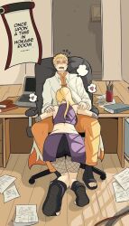 Rule 34 | 1boy, 1girl, blonde hair, blush, chair, english text, fellatio, heart, implied fellatio, indoors, indy rique, kneeling, naruto (series), netorare, office, office chair, oral, ponytail, sandals, source request, swivel chair, toes, uzumaki naruto, yamanaka ino