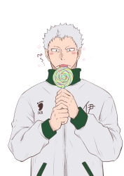 Rule 34 | 1boy, aone takanobu, blush, candy, food, gym uniform, haikyuu!!, happy aura, highres, holding, holding candy, holding food, licking, lollipop, male focus, notice lines, pon kan, short hair, solo, sound effects, tongue, tongue out, translated, upper body, white hair