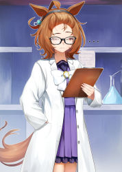 Rule 34 | ..., 1girl, agnes tachyon (umamusume), ahoge, animal ears, bangs pinned back, bespectacled, brown hair, clipboard, closed mouth, earrings, erlenmeyer flask, flask, frown, glasses, hairband, half-closed eyes, hand in pocket, highres, holding, holding clipboard, horse ears, horse girl, horse tail, indoors, jewelry, lab coat, lips, long sleeves, looking at viewer, medium hair, motsushi, paper, pleated skirt, purple shirt, purple skirt, red eyes, school uniform, shirt, single earring, skirt, solo, tail, tracen school uniform, umamusume, upper body