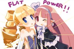 Rule 34 | 2girls, artist request, blonde hair, blue eyes, blush, disgaea, earrings, flat chest, hairband, jewelry, looking at viewer, multiple girls, pink hair, pointy ears, red eyes