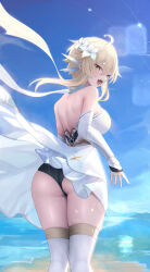 Rule 34 | 1girl, absurdres, ahoge, ass, back, bare shoulders, beach, black panties, blonde hair, blue sky, blush, breasts, detached sleeves, dress, feather hair ornament, feathers, flower, genshin impact, hair flower, hair ornament, highres, large breasts, looking at viewer, looking back, lumine (genshin impact), medium hair, open mouth, panties, rable, scarf, shore, sidelocks, sky, smile, solo, thighhighs, thighs, underwear, white dress, white scarf, white thighhighs, yellow eyes