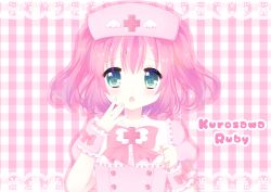 Rule 34 | 10s, 1girl, blue eyes, border, bow, bowtie, character name, chestnut mouth, cross, fairy tale 75, hat, kurosawa ruby, lace, lace border, love live!, love live! school idol festival, love live! sunshine!!, nurse cap, ornate border, pink background, pink bow, pink bowtie, pink hair, pink theme, red cross, short hair, solo, two side up, upper body