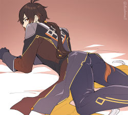 Rule 34 | 1boy, ass, black gloves, black pants, brown eyes, brown hair, coat, commentary request, from behind, genshin impact, gloves, gradient background, long hair, looking at viewer, looking back, lying, male focus, meiji (meiji770), multicolored hair, on stomach, orange hair, pants, ponytail, simple background, solo, twitter username, zhongli (genshin impact)