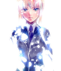 Rule 34 | 1girl, androgynous, artoria pendragon (all), artoria pendragon (fate), backlighting, bad id, bad pixiv id, blonde hair, blue eyes, fate/zero, fate (series), formal, light particles, necktie, reverse trap, saber (fate), solo, sosopi, suit