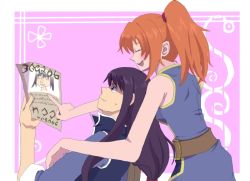 Rule 34 | 00s, 1girl, bare shoulders, belt, breasts, closed eyes, hisca aiheap, laughing, long hair, open mouth, orange hair, ponytail, purple eyes, purple hair, tales of (series), tales of vesperia, tales of vesperia: the first strike, yuri lowell