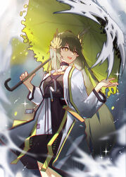 Rule 34 | 1girl, arknights, belt collar, coat, collar, elf, grey hair, hair ornament, highres, holding, holding umbrella, huajiaohaibao, long hair, long sleeves, muelsyse (arknights), name tag, open clothes, open coat, open mouth, pointy ears, sharp teeth, smile, solo, standing, teeth, umbrella, upper teeth only, white coat, yellow eyes