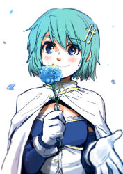 Rule 34 | 10s, 1girl, armband, blue eyes, blue flower, blue hair, blue rose, cape, flower, fortissimo, gloves, hair ornament, hairclip, magical girl, mahou shoujo madoka magica, mahou shoujo madoka magica (anime), mahou shoujo madoka magica movie 1 &amp; 2, matching hair/eyes, miki sayaka, musical note, musical note hair ornament, outstretched hand, petals, rose, short hair, silverxp, smile, solo, white background