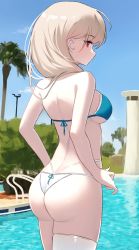 Rule 34 | 1girl, absurdres, alternate hair length, alternate hairstyle, ass, azur lane, bad id, bad pixiv id, bikini, blue bikini, blue sky, blush, breasts, commentary, day, formidable (azur lane), formidable (the lady of the beach) (azur lane), grey hair, hair over shoulder, highres, large breasts, looking at viewer, looking back, medium hair, minus (minusminuscule), outdoors, pool, poolside, red eyes, sky, solo, swimsuit, symbol-only commentary, white bikini