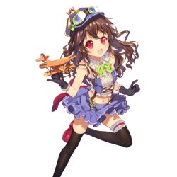 Rule 34 | 1girl, brown hair, gloves, goggles, goggles on head, harunoibuki, hat, holding, key, leg lift, long hair, looking at viewer, midriff, official art, open mouth, red eyes, round teeth, skirt, solo, teeth, thighhighs, toy airplane, transparent background, uchi no hime-sama ga ichiban kawaii