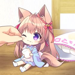 Rule 34 | 1boy, 1girl, :t, animal ear fluff, animal ears, apron, bell, blue kimono, blush stickers, bow, brown hair, cheek pinching, chibi, closed mouth, commentary request, eating, food, food on face, frilled apron, frills, hair bell, hair bow, hair ornament, holding, holding food, japanese clothes, jingle bell, kimono, long hair, long sleeves, maid, marshmallow, mini person, minigirl, mito mashiro, out of frame, pinching, purple eyes, red bow, ryuuka sane, sitting, socks, solo focus, tail, tayutama 2, very long hair, wa maid, white apron, white legwear, wide sleeves