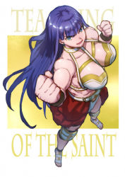 Rule 34 | 1girl, aoba (smartbeat), bare shoulders, biceps, bikini, blue eyes, blunt bangs, breasts, cape, cleavage, collarbone, fate/grand order, fate (series), highres, holy maiden&#039;s teaching, large breasts, long hair, looking at viewer, martha (fate), muscular, muscular female, open mouth, purple hair, red cape, smile, solo, standing, swimsuit, waist cape, white bikini