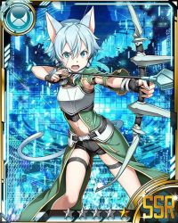 Rule 34 | 10s, 1girl, animal ears, armor, arrow (projectile), black ribbon, black shorts, blue eyes, blue hair, bow (weapon), breastplate, card (medium), cat ears, cat tail, drawing bow, hair between eyes, hair ribbon, holding, holding bow (weapon), holding weapon, matching hair/eyes, midriff, navel, ribbon, short hair with long locks, short shorts, shorts, sinon, sinon (sao-alo), solo, star (symbol), sword art online, tail, thigh strap, weapon