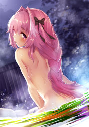Rule 34 | 1boy, abondz, astolfo (fate), back, bath, black bow, black ribbon, blush, bow, braid, braided ponytail, fate/apocrypha, fate/grand order, fate (series), from behind, hair intakes, long braid, looking at viewer, looking back, male focus, multicolored hair, nude, onsen, partially submerged, pink hair, purple eyes, ribbon, rock, single braid, solo, streaked hair, trap, water