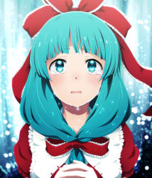 Rule 34 | 1girl, aqua eyes, aqua hair, blurry, blush, commentary request, crying, crying with eyes open, depth of field, frilled ribbon, frills, front ponytail, hair ribbon, highres, kabayaki unagi, kagiyama hina, long hair, looking at viewer, open mouth, own hands together, red ribbon, ribbon, solo, tears, touhou, upper body