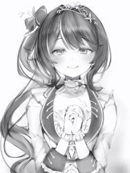 Rule 34 | 1girl, absurdres, azki (hololive), dot nose, gloves, greyscale, highres, hololive, interlocked fingers, light blush, long hair, long sleeves, looking at viewer, mole, mole under eye, monochrome, nanashi (nlo), own hands together, parted lips, side ponytail, simple background, smile, solo, straight-on, upper body, virtual youtuber