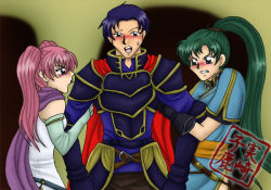 Rule 34 | 1boy, 2girls, angry, arm grab, armor, belt, blue hair, blush, cape, cleric, dress, elbow gloves, fighting, fire emblem, fire emblem: the blazing blade, gauntlets, gloves, green eyes, green hair, hector (fire emblem), irony, jealous, long hair, lyn (fire emblem), multiple girls, nintendo, open mouth, pink hair, ponytail, poorly drawn, purple eyes, scarf, serra (fire emblem), sweat, tongue, twintails