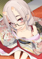 Rule 34 | 1girl, bags under eyes, bare shoulders, blunt bangs, breasts, collarbone, commentary request, downblouse, eyes visible through hair, from above, futon, glasses, highres, horns, japanese clothes, kimono, light smile, lolibaba, looking at viewer, medium hair, no bra, off shoulder, ogami kazuki, oni, original, parted lips, red eyes, semi-rimless eyewear, sitting, skin-covered horns, slit pupils, small breasts, solo, tatami, white hair, white kimono