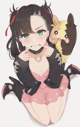 Rule 34 | 1girl, black footwear, black hair, black nails, blush, blush stickers, bow, breasts, choker, cleavage, commentary request, creatures (company), dress, fingers to mouth, fingersmile, forced smile, from above, game freak, gen 8 pokemon, green eyes, hair bow, high heels, highres, long sleeves, looking at viewer, marnie (pokemon), morpeko, morpeko (full), nail polish, nintendo, pink dress, pokemon, pokemon (creature), pokemon swsh, red ribbon, ribbon, sitting, small breasts, twintails, uiri-na, undercut, wariza, white background