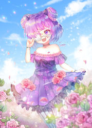 Rule 34 | 1girl, :d, bare shoulders, black ribbon, blue pantyhose, blue sky, breasts, cloud, collarbone, commentary request, day, double bun, dress, eyepatch, fang, floral print, flower, frilled dress, frills, hair bun, hair flower, hair ornament, hair over one eye, hand up, horns, medical eyepatch, off-shoulder dress, off shoulder, open mouth, original, outdoors, pantyhose, pink flower, pink rose, pleated dress, print dress, purple dress, purple eyes, purple hair, ribbon, rose, short hair, short sleeves, signature, sky, small breasts, smile, solo, striped clothes, striped pantyhose, tempy (rinsia), vertical-striped clothes, vertical-striped pantyhose