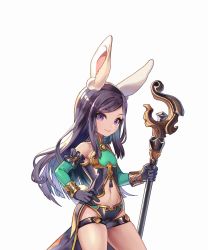 Rule 34 | 1girl, animal ear fluff, animal ears, armor, artist request, bikini, bikini armor, bikini bottom only, black bikini, black dress, black gloves, black hair, rabbit ears, rabbit tail, detached sleeves, dress, elin, gloves, green sleeves, hand on own hip, highres, long hair, navel, official art, open clothes, open dress, pink eyes, priest (tera online), showgirl skirt, simple background, smile, solo, staff, swimsuit, tail, tera online, thigh strap, thighs, weapon, white background