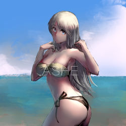 Rule 34 | 1girl, ashe (league of legends), bandeau, bikini, blue eyes, breasts, character name, cleavage, cowboy shot, highres, large breasts, league of legends, long hair, looking at viewer, navel, parted lips, sky, sky of morika, solo, swimsuit, white hair