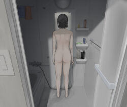 Rule 34 | 1girl, absurdres, ass, bathroom, bathtub, black hair, commentary request, completely nude, facing away, from behind, full body, highres, holding, indoors, kissui inkya, nude, open door, original, reflection, shadow, shelf, short hair, shoulder blades, solo, standing