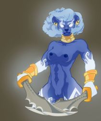 Rule 34 | 1girl, animal ears, artist request, bare hips, bare shoulders, blue hair, blue skin, bracelet, breasts, collar, collarbone, colored skin, completely nude, cowboy shot, earrings, heroes of might and magic, heroes of might and magic v, holding, holding weapon, jewelry, lion girl, might &amp; magic x:legacy, might and magic, monster girl, navel, nipples, no bra, no panties, nude, pussy, rakshasa, solo, sword, weapon