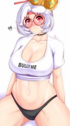 Rule 34 | 1girl, anisdrawn, black choker, black panties, blush, breasts, choker, cleavage, clothes writing, commentary, crop top, english text, glasses, highres, large breasts, looking at viewer, midriff, navel, nintendo, no pants, panties, purah, red-framed eyewear, red eyes, round eyewear, shirt, short sleeves, simple background, sitting, solo, stomach, the legend of zelda, the legend of zelda: tears of the kingdom, thighs, underwear, white background, white hair, white shirt