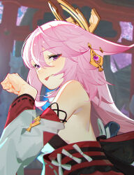 Rule 34 | 1girl, :p, animal ears, bare shoulders, chromatic aberration, clenched hand, detached sleeves, earrings, genshin impact, hair between eyes, highres, jewelry, long hair, looking at viewer, nao (530116504), paw pose, pink hair, purple eyes, sidelocks, smile, solo, tongue, tongue out, upper body, yae miko