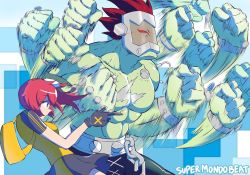 Rule 34 | 1boy, 1girl, aiba ami, artist request, boltmon, chain, digimon, digimon story: cyber sleuth, gloves, highres, jojo&#039;s bizarre adventure, meme, muscular, parody, pointing, red eyes, side ponytail