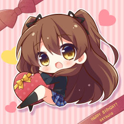 Rule 34 | 1girl, :d, black jacket, black ribbon, black socks, blazer, blue skirt, blush, box, brown eyes, brown footwear, brown hair, character name, chibi, commentary request, full body, gift, gift box, hair between eyes, hair ribbon, happy birthday, heart, heart-shaped box, highres, jacket, loafers, long hair, looking at viewer, momoniku (taretare-13), ogiso setsuna, open mouth, outline, plaid, plaid skirt, pleated skirt, ribbon, school uniform, shoes, skirt, smile, socks, solo, striped, striped background, two side up, vertical stripes, very long hair, white album (series), white album 2, white outline