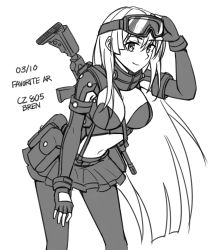 Rule 34 | 1girl, ammunition pouch, between breasts, breasts, character name, cleavage, closed mouth, cz-805, cz-805 (girls&#039; frontline), cz 805 bren, dated, fingerless gloves, girls&#039; frontline, gloves, goggles, goggles on head, greyscale, hair between eyes, hand on own thigh, highres, leaning forward, long hair, long sleeves, looking at viewer, medium breasts, monochrome, name connection, navel, ndtwofives, object namesake, pantyhose, pleated skirt, pouch, simple background, skirt, smile, solo, strap between breasts, very long hair, weapon, weapon on back, white background