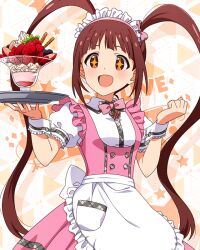 Rule 34 | + +, 1girl, :d, apron, blush, bow, bowtie, breasts, brown eyes, butterfly ornament, dot nose, dress, food, frilled apron, frilled skirt, frills, fruit, hair ribbon, hands up, idolmaster, idolmaster million live!, idolmaster million live! theater days, long hair, looking at object, maid headdress, matsuda arisa, official alternate costume, official art, open mouth, parfait, pink bow, pink bowtie, pink dress, pretty waitress (idolmaster), puffy short sleeves, puffy sleeves, red hair, ribbon, serving, shirt, short sleeves, sidelocks, skirt, small breasts, smile, solo, standing, star (symbol), starry background, strawberry, strawberry parfait, thighhighs, tray, twintails, upper body, very long hair, waist apron, waitress, white apron, white shirt, white thighhighs, wrist cuffs