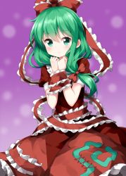 Rule 34 | 1girl, bow, closed mouth, dress, expressionless, frilled dress, frilled ribbon, frilled wrist cuffs, frills, front ponytail, green eyes, green hair, hair bow, hair ribbon, highres, kagiyama hina, long hair, one-hour drawing challenge, own hands together, patterned background, petticoat, puffy short sleeves, puffy sleeves, purple background, red bow, red dress, red ribbon, ribbon, ruu (tksymkw), short sleeves, solo, spiral, touhou, wrist cuffs
