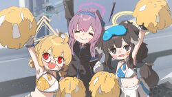Rule 34 | 3girls, amonitto, animal ears, arm up, armband, black coat, black eyes, black hair, blonde hair, blue archive, blush, breasts, cheerleader, closed eyes, coat, crop top, dog ears, dog girl, dog tail, drone, glasses, gloves, hibiki (blue archive), hibiki (cheer squad) (blue archive), highres, holding, kotori (blue archive), kotori (cheer squad) (blue archive), large breasts, long hair, looking at viewer, low twintails, medium breasts, midriff, multiple girls, open mouth, pom pom (cheerleading), purple hair, red eyes, short twintails, skirt, smile, sweat, tail, teeth, twintails, upper teeth only, utaha (blue archive), utaha (cheer squad) (blue archive), very long hair, white gloves
