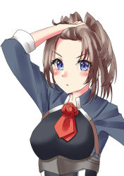 Rule 34 | 1girl, ascot, blue eyes, brown hair, flower, holding, holding own hair, kantai collection, long hair, looking at viewer, mayura (lucadia), military, military uniform, ponytail, red ascot, red flower, red rose, rose, sheffield (kancolle), simple background, solo, uniform, upper body, white background