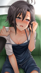 Rule 34 | 1girl, bad id, bad pixiv id, black hair, blush, breasts, cleavage, collarbone, commentary request, couch, downblouse, hand in own hair, hand on another&#039;s shoulder, idolmaster, idolmaster (classic), inu (marukome), kikuchi makoto, off shoulder, open mouth, pov, pov hands, purple eyes, shirt, shorts, sitting, small breasts, solo focus, strap slip, sweat