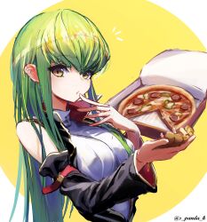 Rule 34 | 1girl, absurdres, breasts, c.c., code geass, commentary request, detached sleeves, food, green hair, highres, holding, holding food, holding pizza, large breasts, long hair, looking at viewer, pizza, pizza box, pizza slice, s panda k, simple background, sleeveless, sleeveless turtleneck, solo, turtleneck, yellow eyes