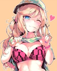 Rule 34 | 10s, 1girl, ;3, alternate costume, bad id, bad pixiv id, blonde hair, blue eyes, blush, bra, bracelet, breasts, camouflage, character name, cleavage, closed mouth, clothes lift, clothes writing, eyebrows, hair ornament, hair scrunchie, hat, heart, idolmaster, idolmaster cinderella girls, jewelry, lifted by self, long hair, looking at viewer, medium breasts, messy hair, mouth hold, multicolored nails, nail polish, ohtsuki yui, one eye closed, orange background, pink bra, pink bta, rca, scrunchie, shirt lift, side ponytail, simple background, smile, solo, star (symbol), sweat, swept bangs, underwear, upper body