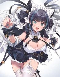 Rule 34 | 1girl, :3, :d, anchor symbol, animal ears, apron, aqua eyes, azur lane, black apron, black footwear, black hair, black neckwear, blue eyes, blue hair, blue nails, blush, breasts, cheshire (azur lane), cleavage, clenched hands, commentary, cowboy shot, detached collar, detached sleeves, dress, fake animal ears, fang, frilled apron, frilled hairband, frilled ribbon, frills, garter straps, hair intakes, hairband, high heels, highres, large breasts, long ribbon, looking at viewer, maid headdress, multicolored hair, nail polish, open mouth, paw pose, puffy detached sleeves, puffy sleeves, ribbon, short hair, sidelocks, simple background, skin fang, sleeveless, sleeveless dress, smile, solo, standing, standing on one leg, streaked hair, thighhighs, white background, white dress, white thighhighs, wrist cuffs, yuko (uc yuk), zettai ryouiki