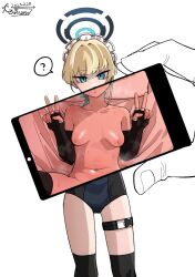 Rule 34 | 1girl, ?, black gloves, black leotard, black thighhighs, blonde hair, blue archive, blue eyes, blue leotard, breasts, cellphone, cellphone photo, closed mouth, double v, elbow gloves, fingerless gloves, gloves, guman project, halo, highres, holding, holding phone, leotard, looking at viewer, maid headdress, navel, nipples, phone, pov, pov hands, simple background, small breasts, smartphone, spoken question mark, thigh strap, thighhighs, toki (blue archive), two-tone leotard, v, white background