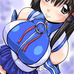 Rule 34 | 1girl, bare shoulders, blue skirt, blush, breasts, brown eyes, brown hair, dd (ijigendd), from above, hair ornament, hairpin, huge breasts, impossible clothes, impossible shirt, large breasts, looking at viewer, looking up, os-tan, shiny skin, shirt, skirt, solo, xp-tan