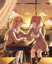 Rule 34 | 2girls, bad id, bad pixiv id, bang dream!, bendy straw, black socks, blonde hair, blush, bow, brown dress, cellphone, chair, closed mouth, cloud, cloudy sky, curtains, desk, dress, drinking straw, earbuds, earphones, eye contact, hair between eyes, hair ribbon, holding, holding drinking straw, holding earphones, indoors, kneehighs, long hair, looking at another, maruyama aya, multiple girls, on chair, parted lips, phone, pinb, pink hair, profile, red bow, red eyes, ribbon, sailor collar, sailor dress, school chair, school desk, school uniform, shared earphones, shirasagi chisato, sky, smartphone, socks, sunset, twintails, very long hair, white legwear, white ribbon, white sailor collar, window