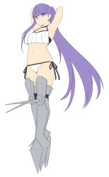 Rule 34 | 1girl, alternate costume, armor, armored boots, armpits, arms behind head, bikini, blue eyes, boots, breasts, commentary request, fate/grand order, fate (series), flat color, from side, full body, greaves, halterneck, long hair, looking at viewer, meltryllis (fate), navel, ponytail, purple hair, shiseki hirame, side-tie bikini bottom, simple background, small breasts, solo, spiked armor, split mouth, standing, swimsuit, v-shaped eyebrows, very long hair, white background, white bikini