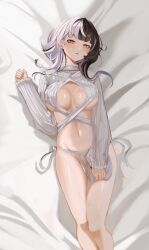Rule 34 | 1girl, absurdres, bed sheet, black hair, breasts, commentary request, dizzen, feet out of frame, groin, hand up, highres, hololive, hololive english, large breasts, long hair, long sleeves, looking at viewer, lying, midriff, multicolored hair, navel, on back, parted lips, revealing clothes, shiori novella, solo, split-color hair, stomach, thighs, virtual youtuber, white hair
