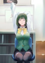 Rule 34 | 1girl, black skirt, black thighhighs, bow, bowtie, breasts, closed eyes, feet out of frame, green hair, green vest, hairband, highres, holding own arm, idolmaster, idolmaster (classic), indoors, medium breasts, mole, mole under mouth, office lady, on chair, otonashi kotori, outstretched arm, pencil skirt, sayuumigi, shirt, sitting, skirt, solo, stretching, thighhighs, vest, white shirt, yellow bow, yellow bowtie, yellow hairband