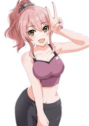 1girl :d bare_shoulders bra commentary_request highres idolmaster idolmaster_cinderella_girls illustscody jougasaki_mika looking_at_viewer midriff navel open_mouth pink_hair ponytail smile solo training_bra underwear v white_background yellow_eyes