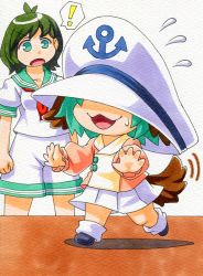 Rule 34 | !, 2girls, animal ears, child, commentary request, flying sweatdrops, green hair, hat, kasodani kyouko, kawachi koorogi, long sleeves, marker (medium), millipen (medium), multiple girls, murasa minamitsu, open mouth, outstretched arms, puffy short sleeves, puffy sleeves, sailor hat, shirt, short sleeves, shorts, skirt, smile, spoken exclamation mark, tail, touhou, traditional media, aged down